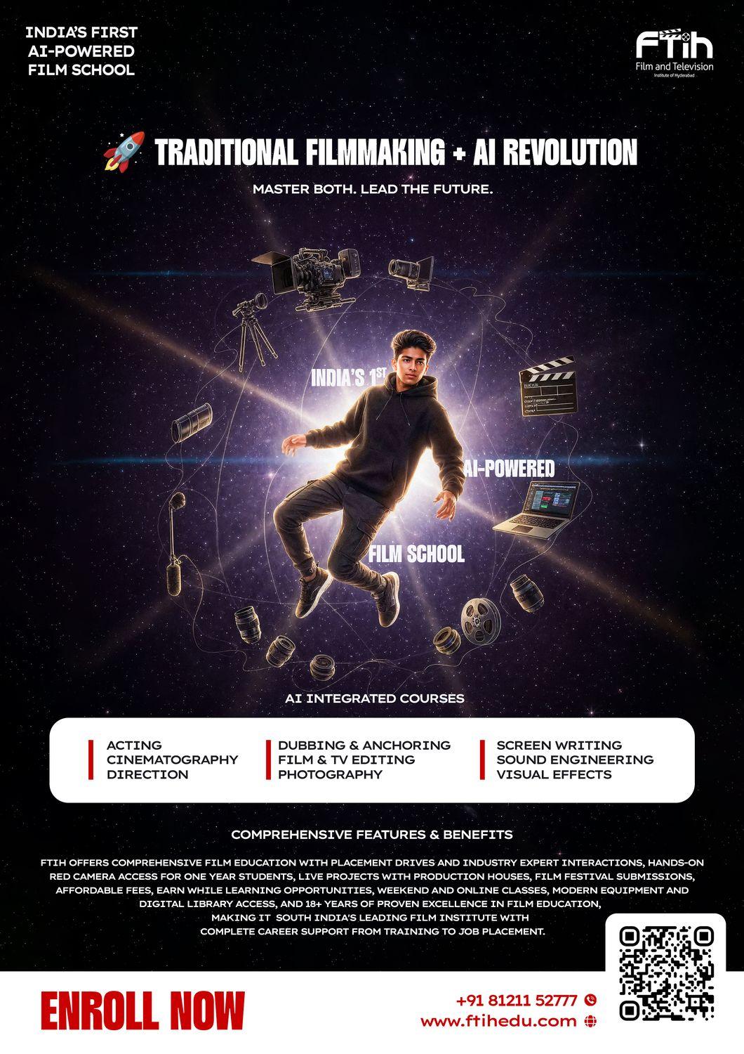 Cine Expo flyer, front: a student floating in space with film equipment